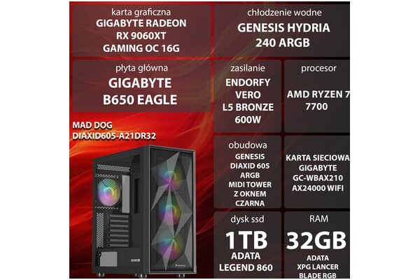 Mad Dog DIAXID605-A21DR32 AMD Ryzen 7 32GB DDR5 AMD Radeon RX 9060 XT 16GB 1TB SSD brak
