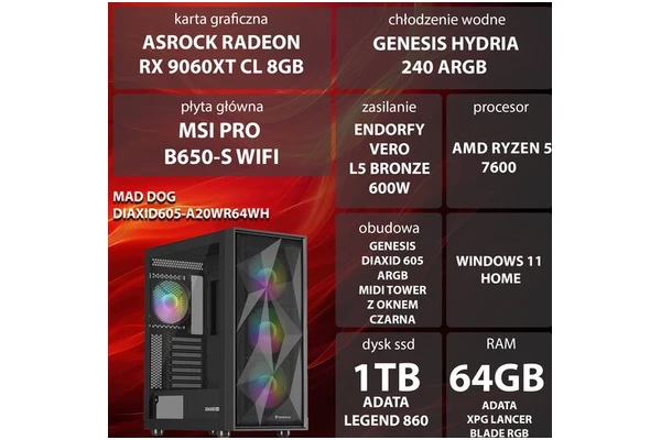 Mad Dog DIAXID605-A20WR64WH AMD Ryzen 5 64GB DDR5 AMD Radeon RX 9060 XT 8GB 1TB SSD Windows 11 Home