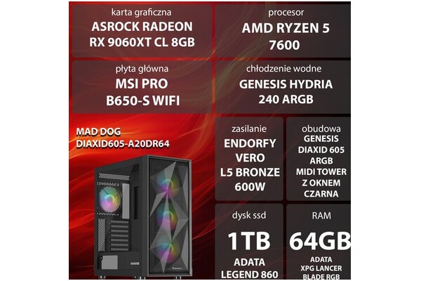 Mad Dog DIAXID605-A20DR64 AMD Ryzen 5 64GB DDR5 AMD Radeon RX 9060 XT 8GB 1TB SSD brak