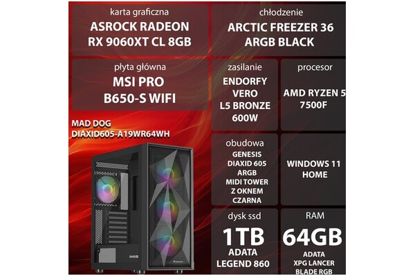 Mad Dog DIAXID605-A19WR64WH AMD Ryzen 5 64GB DDR5 AMD Radeon RX 9060 XT 8GB 1TB SSD Windows 11 Home