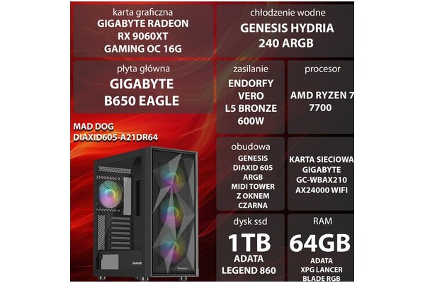 Mad Dog DIAXID605-A21DR64 AMD Ryzen 7 64GB DDR5 AMD Radeon RX 9060 XT 16GB 1TB SSD brak