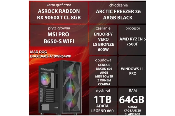 Mad Dog DIAXID605-A19WR64WP AMD Ryzen 5 64GB DDR5 AMD Radeon RX 9060 XT 8GB 1TB SSD Windows 11 Professional