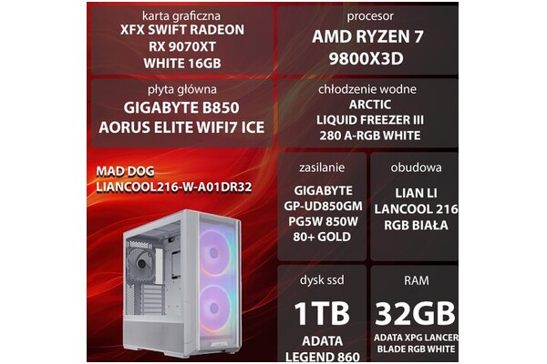Mad Dog W-A01DR32 AMD Ryzen 7 32GB DDR5 AMD Radeon RX 9070 XT 16GB 1TB SSD brak