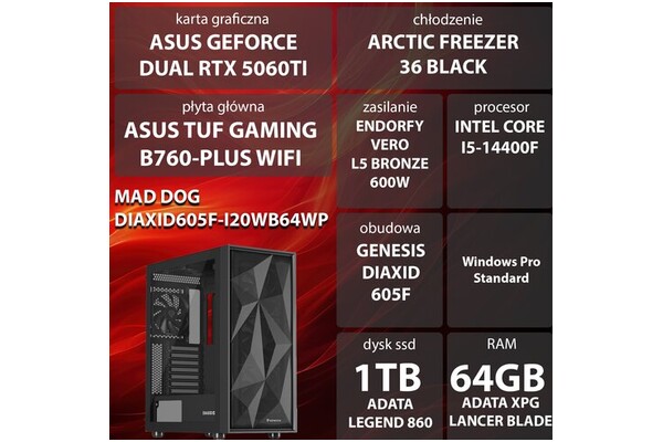 Mad Dog DIAXID605F-I20WB64WP Intel Core i5 64GB DDR5 NVIDIA GeForce RTX 5060 Ti 8GB 1TB SSD Windows 11 Professional