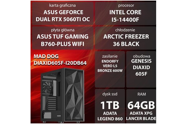 Mad Dog DIAXID605F-I20DB64 Intel Core i5 64GB DDR5 NVIDIA GeForce RTX 5060 Ti 8GB 1TB SSD brak