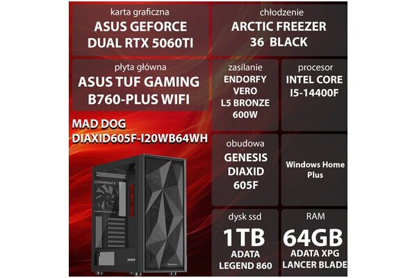 Mad Dog DIAXID605F-I20WB64WH Intel Core i5 64GB DDR5 NVIDIA GeForce RTX 5060 Ti 8GB 1TB SSD Windows 11 Home