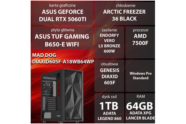 Mad Dog DIAXID605F-A18WB64WP AMD Ryzen 5 64GB DDR5 NVIDIA GeForce RTX 5060 Ti 8GB 1TB SSD Windows 11 Professional