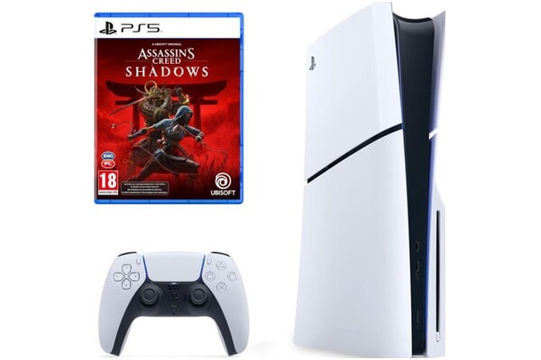 Konsola Sony PlayStation 5 Slim 1TB biało-czarny + Assassins Creed Shadows + pad bezprzewodowy DualSense