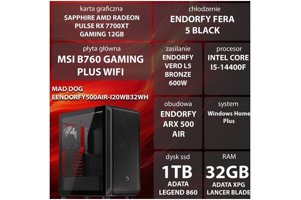 Mad Dog ENDORFY500AIR-I20WB32WH Intel Core i5 32GB DDR5 AMD Radeon RX 7700 XT 12GB 1TB SSD Windows 11 Home