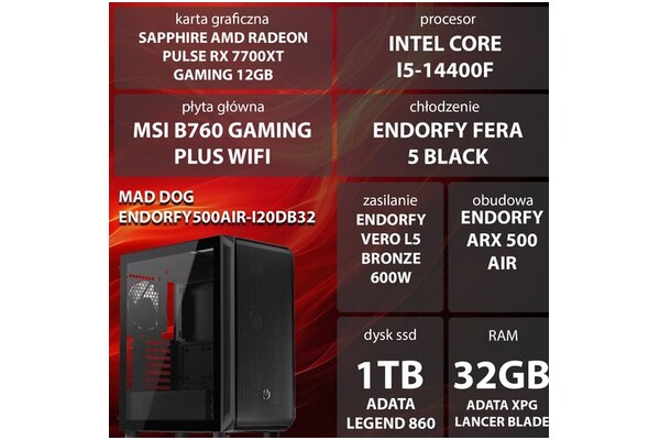 Mad Dog ENDORFY500AIR-I20DB32 Intel Core i5 32GB DDR5 AMD Radeon RX 7700 XT 12GB 1TB SSD brak