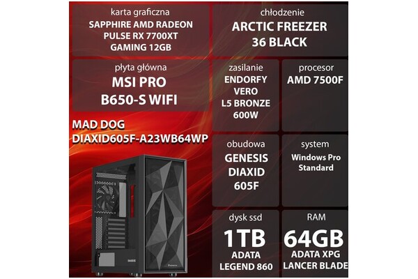 Mad Dog DIAXID605F-A23WB64WP AMD Ryzen 5 64GB DDR5 AMD Radeon RX 7700 XT 12GB 1TB SSD Windows 11 Professional