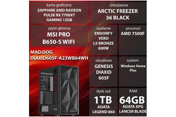Mad Dog DIAXID605F-A23WB64WH AMD Ryzen 5 64GB DDR5 AMD Radeon RX 7700 XT 12GB 1TB SSD Windows 11 Home