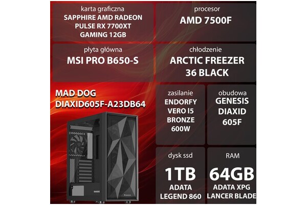 Mad Dog DIAXID605F-A23DB64 AMD Ryzen 5 64GB DDR5 AMD Radeon RX 7700 XT 12GB 1TB SSD brak