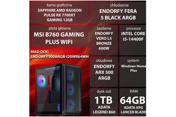 Mad Dog ENDORFY500ARGB-I20WR64WH Intel Core i5 64GB DDR5 AMD Radeon RX 7700 XT 12GB 1TB SSD Windows 11 Home