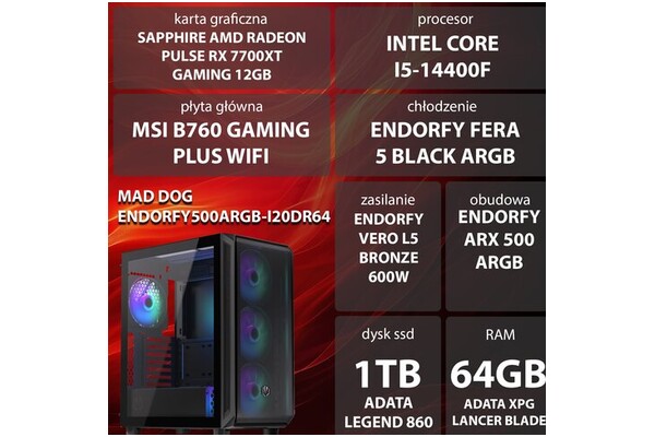 Mad Dog ENDORFY500ARGB-I20DR64 Intel Core i5 64GB DDR5 AMD Radeon RX 7700 XT 12GB 1TB SSD brak