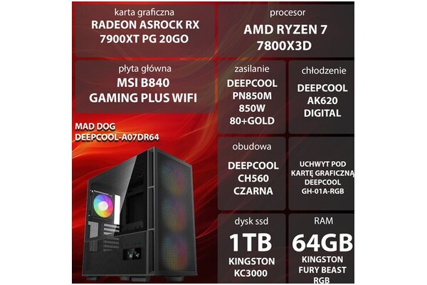 Mad Dog DEEPCOOL-A07DR64 AMD Ryzen 7 64GB DDR5 AMD Radeon RX 7900 XT 20GB 1TB SSD brak