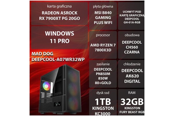 Mad Dog DEEPCOOL-A07WR32WP AMD Ryzen 7 32GB DDR5 AMD Radeon RX 7900 XT 20GB 1TB SSD Windows 11 Professional