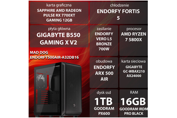 Mad Dog MADDOGENDORFY500AIR-A32DB16 AMD Ryzen 7 16GB DDR4 AMD Radeon RX 7700 XT 12GB 1TB SSD brak