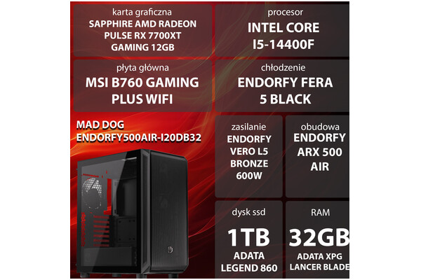 Mad Dog MADDOGENDORFY500AIR-I20DB32 Intel Core i5 32GB DDR5 AMD Radeon RX 7700 XT 12GB 1TB SSD brak