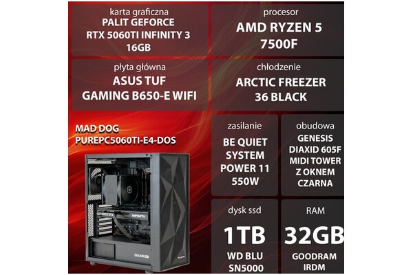 Mad Dog PUREPC5060TI-E4 AMD Ryzen 5 32GB DDR5 NVIDIA GeForce RTX 5060 Ti 16GB 1TB SSD brak