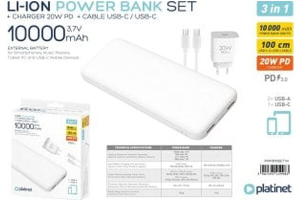 Powerbank Platinet PMPB10SETW 10000mAh 20.0W biały