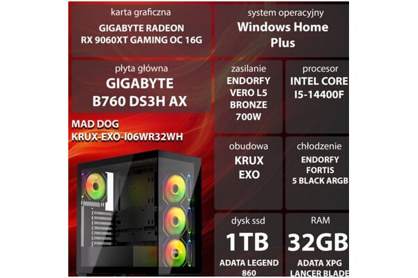 Mad Dog EXO-I06WR32WH Intel Core i5 32GB DDR5 AMD Radeon RX 9060 XT 16GB 1TB SSD Windows 11 Home