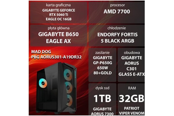 Mad Dog AORUS301-A19DR32 AMD Ryzen 7 32GB DDR5 NVIDIA GeForce RTX 5060 Ti 16GB 1TB SSD brak