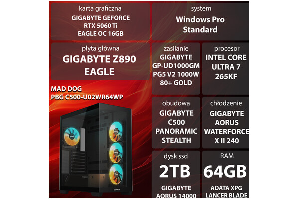 Mad Dog POWEREDBYGIGABYTEC500-U02WR64WPULTRA7 64GB DDR5 NVIDIA GeForce RTX 5080 16GB 2TB SSD Windows 11 Professional
