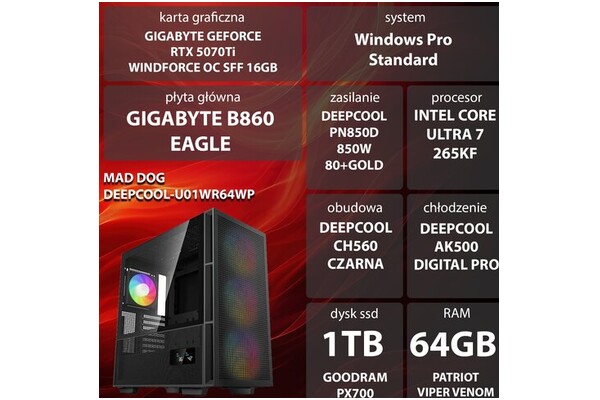 Mad Dog DEEPCOOL-U01WR64WP 64GB DDR5 NVIDIA GeForce RTX 5070 Ti 16GB 1TB SSD Windows 11 Professional