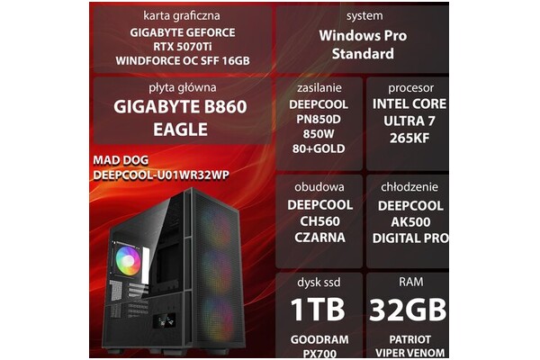 Mad Dog DEEPCOOL-U01WR32WP 32GB DDR5 NVIDIA GeForce RTX 5070 Ti 16GB 1TB SSD Windows 11 Professional