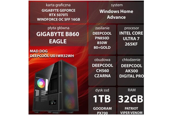 Mad Dog DEEPCOOL-U01WR32WH 32GB DDR5 NVIDIA GeForce RTX 5070 Ti 16GB 1TB SSD Windows 11 Home