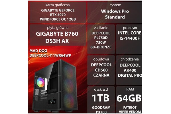 Mad Dog DEEPCOOL-I11WR64WP Intel Core i5 64GB DDR5 NVIDIA GeForce RTX 5070 12GB 1TB SSD Windows 11 Professional