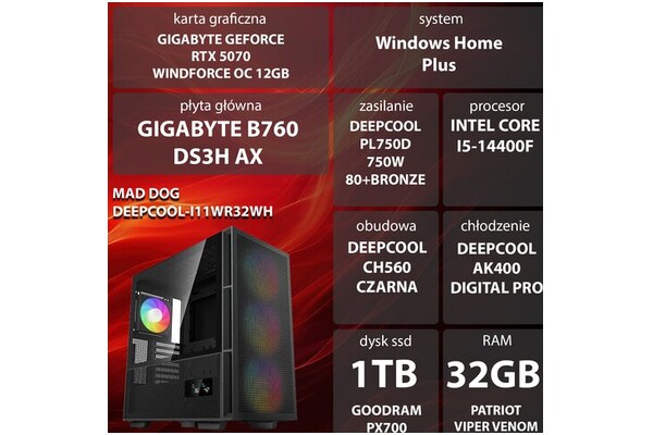 Mad Dog DEEPCOOL-I11WR32WH Intel Core i5 32GB DDR5 NVIDIA GeForce RTX 5070 12GB 1TB SSD Windows 11 Home