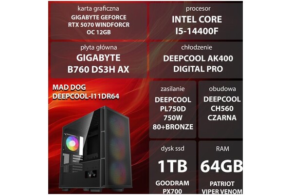 Mad Dog DEEPCOOL-I11DR64 Intel Core i5 64GB DDR5 NVIDIA GeForce RTX 5070 12GB 1TB SSD brak