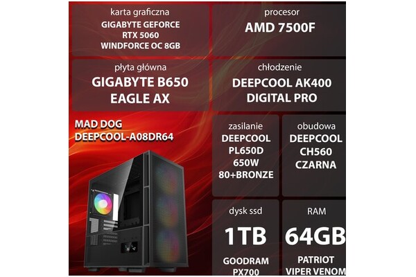 Mad Dog DEEPCOOL-A08DR64 AMD Ryzen 5 64GB DDR5 Nvidia GeForce RTX 5060 8GB 1TB SSD brak