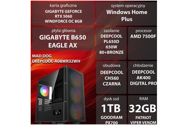 Mad Dog DEEPCOOL-A08WR32WH AMD Ryzen 5 32GB DDR5 Nvidia GeForce RTX 5060 8GB 1TB SSD Windows 11 Home