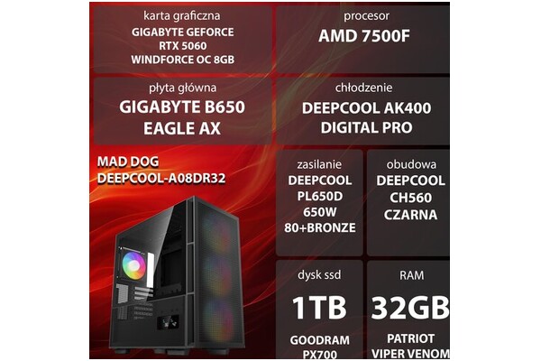 Mad Dog DEEPCOOL-A08DR32 AMD Ryzen 5 32GB DDR5 Nvidia GeForce RTX 5060 8GB 1TB SSD brak