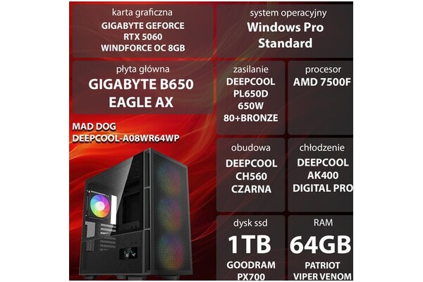 Mad Dog DEEPCOOL-A08WR64WP AMD Ryzen 5 64GB DDR5 Nvidia GeForce RTX 5060 8GB 1TB SSD Windows 11 Professional