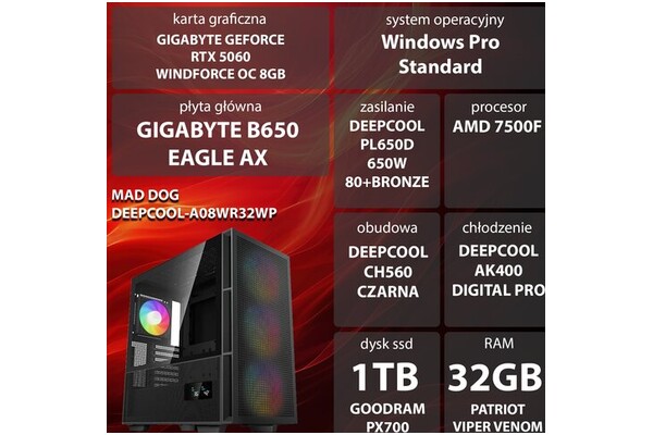 Mad Dog DEEPCOOL-A08WR32WP AMD Ryzen 5 32GB DDR5 Nvidia GeForce RTX 5060 8GB 1TB SSD Windows 11 Professional