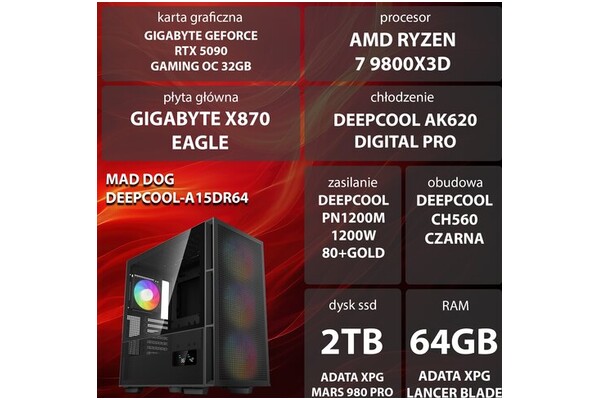 Mad Dog DEEPCOOL-A15DR64 AMD Ryzen 7 64GB DDR5 NVIDIA GeForce RTX 5090 32GB 2TB SSD brak