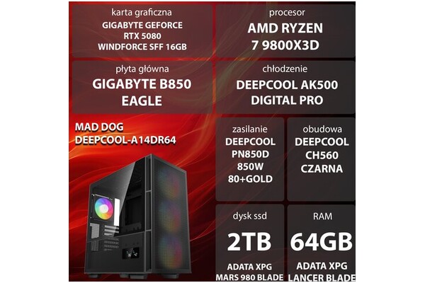 Mad Dog DEEPCOOL-A14DR64 AMD Ryzen 7 64GB DDR5 NVIDIA GeForce RTX 5080 16GB 2TB SSD brak