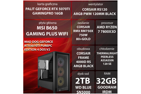 Mad Dog RTX5070Ti AMD Ryzen 7 32GB DDR5 NVIDIA GeForce RTX 5070 Ti 16GB 2TB SSD brak