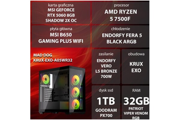 Mad Dog EXO-A05WR32 AMD Ryzen 5 32GB DDR5 Nvidia GeForce RTX 5060 8GB 1TB SSD brak