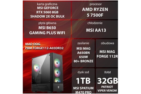 Mad Dog FORGE112-A03DR32 AMD Ryzen 5 32GB DDR5 Nvidia GeForce RTX 5060 8GB 1TB SSD brak