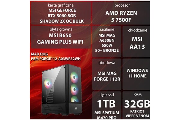 Mad Dog FORGE112-A03WR32WH AMD Ryzen 5 32GB DDR5 Nvidia GeForce RTX 5060 8GB 1TB SSD Windows 11 Home