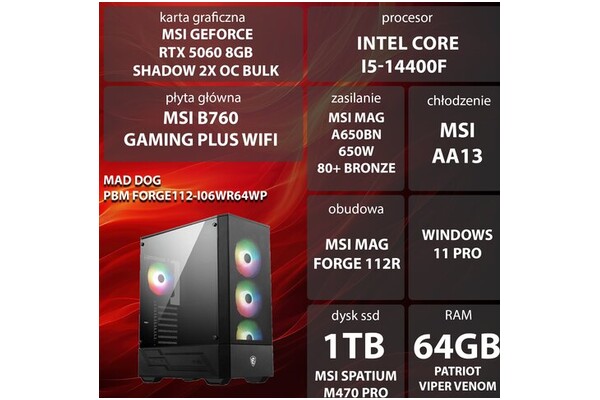 Mad Dog FORGE112-I06WR64WP Intel Core i5 64GB DDR5 Nvidia GeForce RTX 5060 8GB 1TB SSD Windows 11 Professional